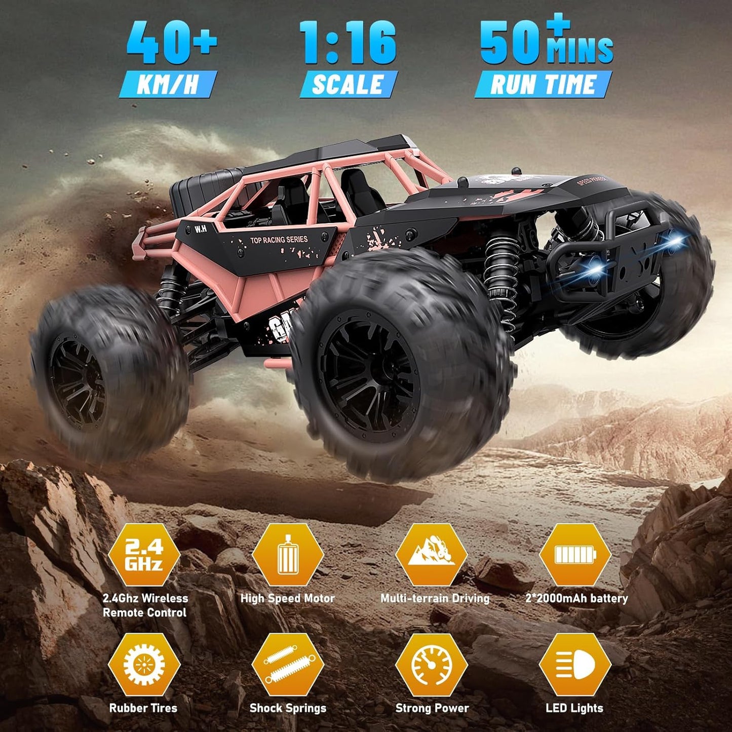 Remote Control Car RC Truck : 1/16 Scale Off Road RC Car 40km/h High Speed All Terrain 4x4 Drift RC Car with 2.4GHz Remote Control Two Rechargeable Batteries Gift for Kids and Adults